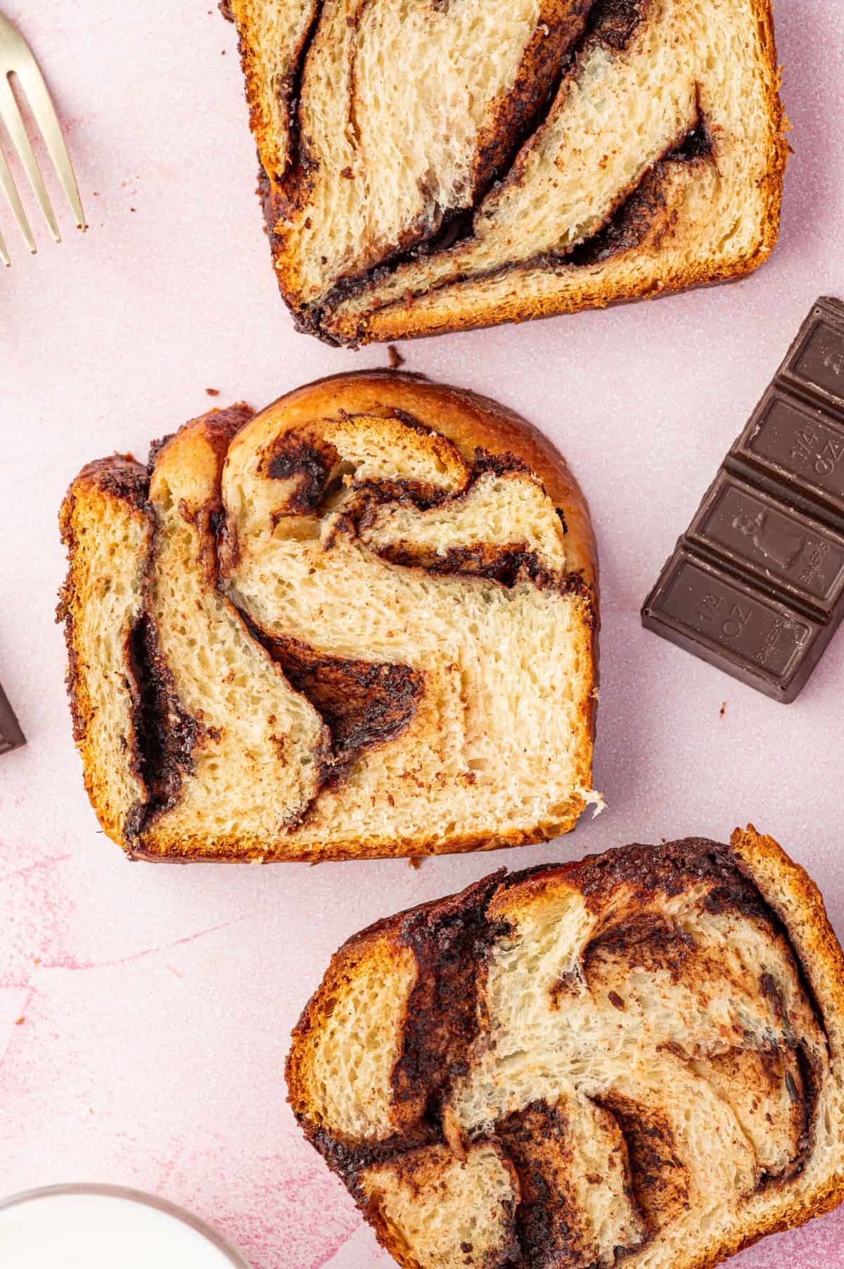 Overhead view of 3 chocolate babka slices