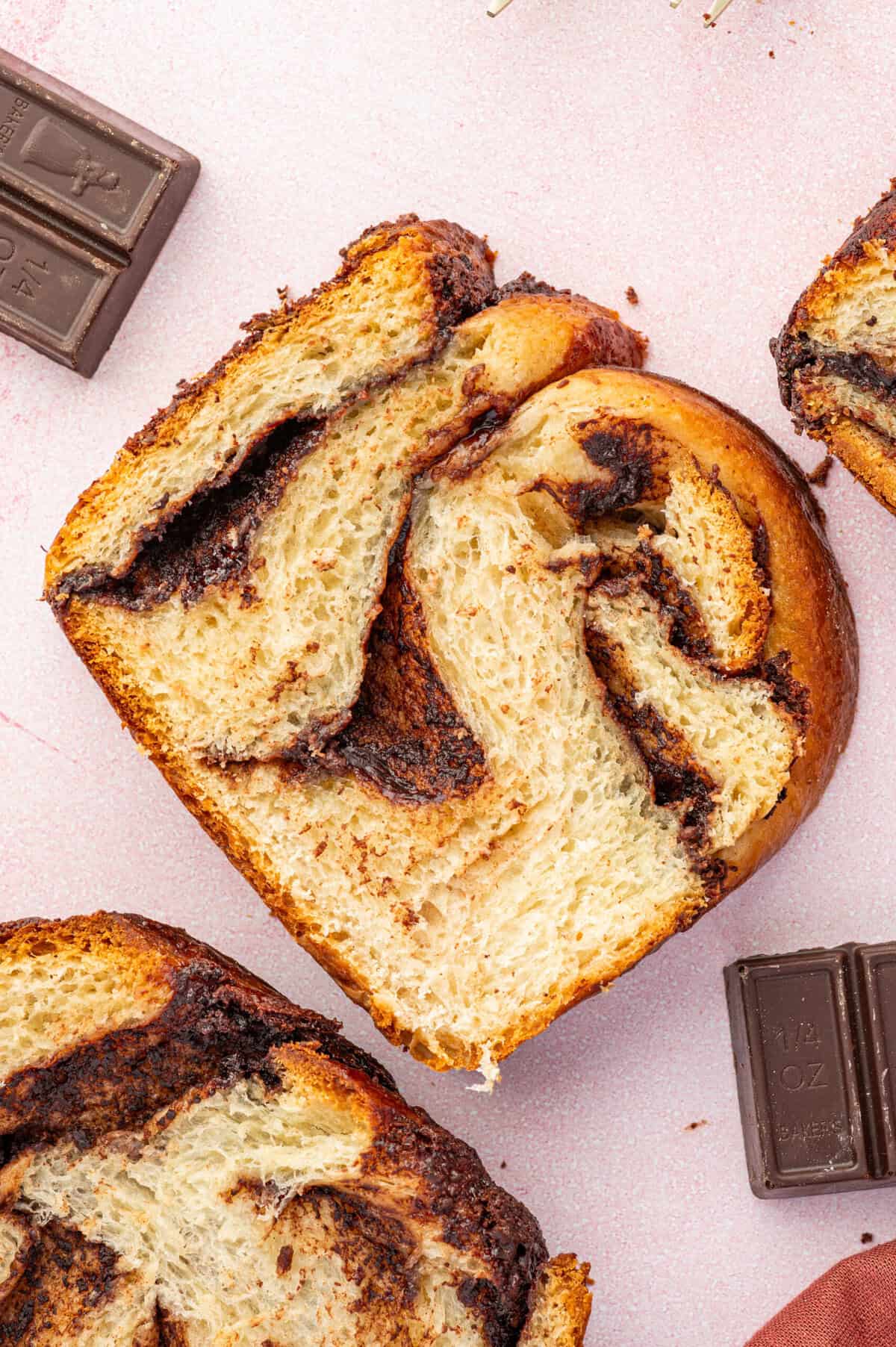 Overhead view of babka slice with chocolate