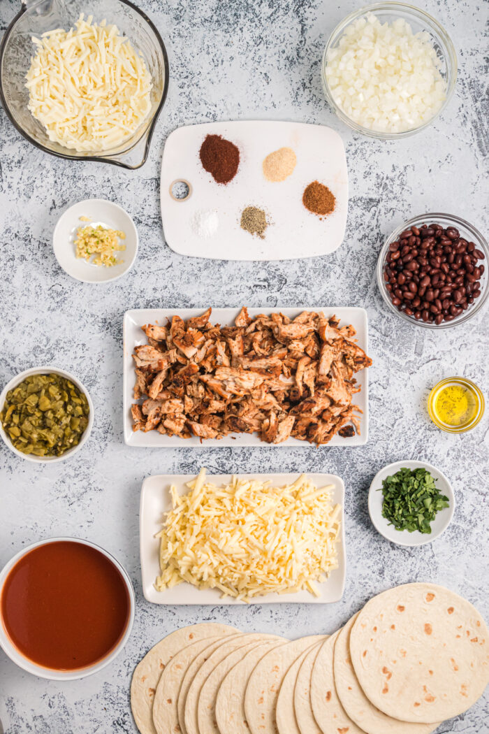 The ingredients for chicken enchiladas are placed on a marble countertop. 