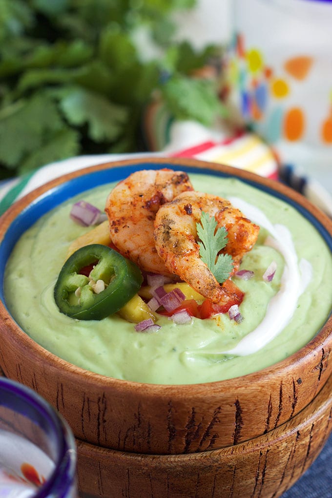 Chilled Avocado Soup with Grilled Chili Spiced Shrimp | TheSuburbanSoapbox.com