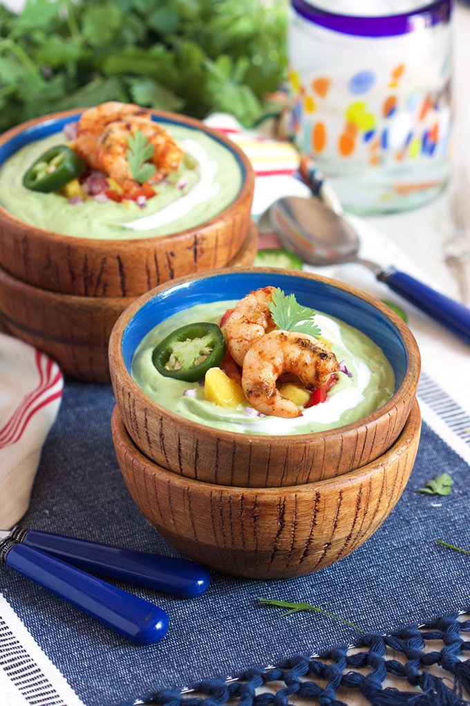 Chilled Avocado Soup with Grilled Chili Spiced Shrimp | TheSuburbanSoapbox.com