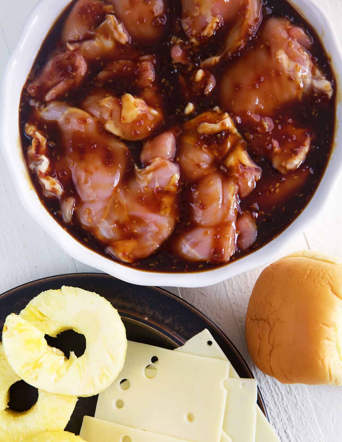 Overhead view of ingredients for grilled teriyaki chicken sandwiches