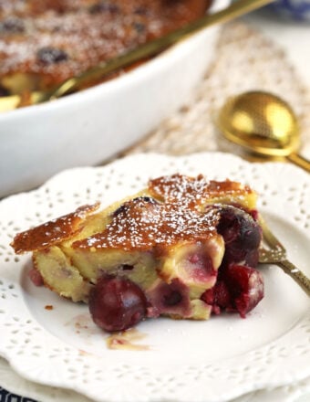 Portion of cherry clafoutis on plate