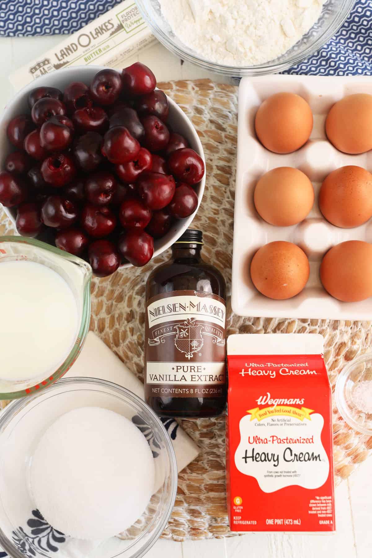 Overhead view of ingredients for cherry clafoutis