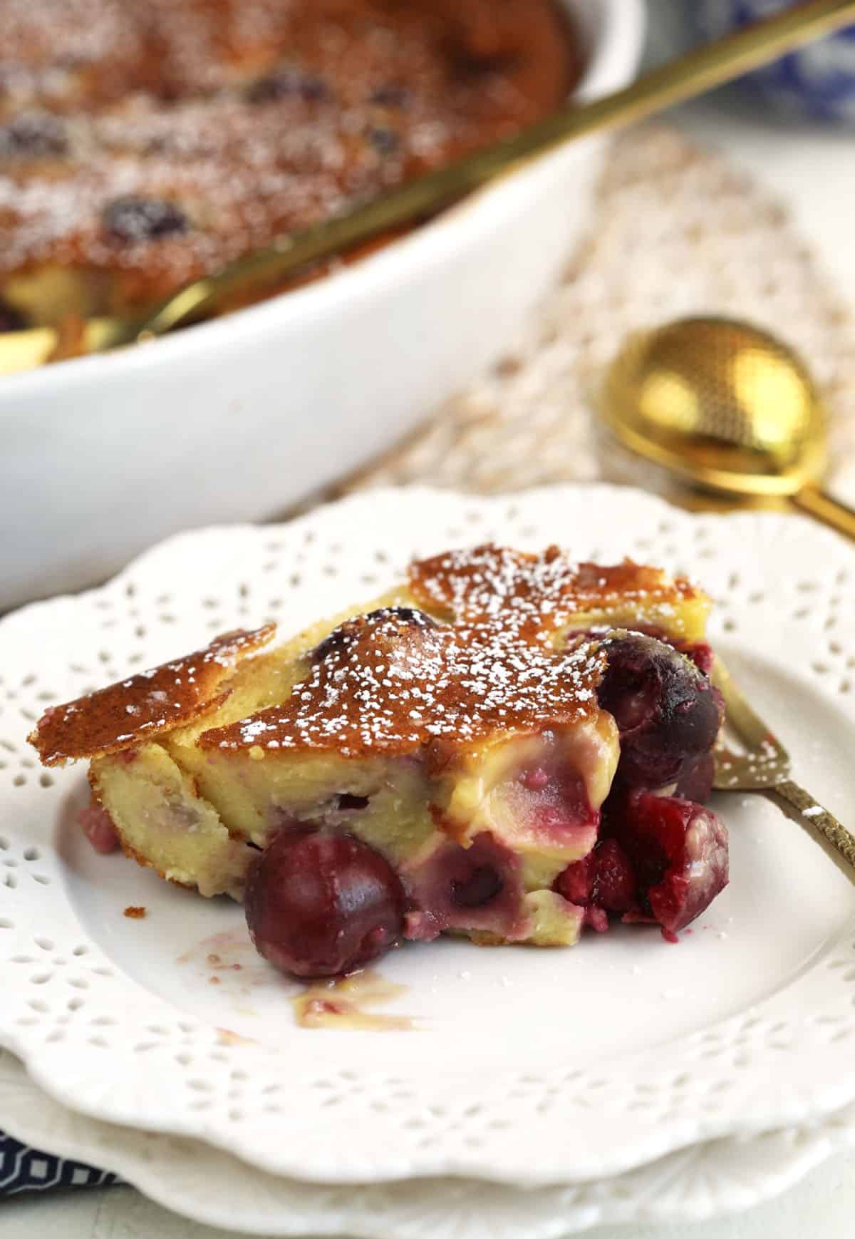 Portion of cherry clafoutis on plate