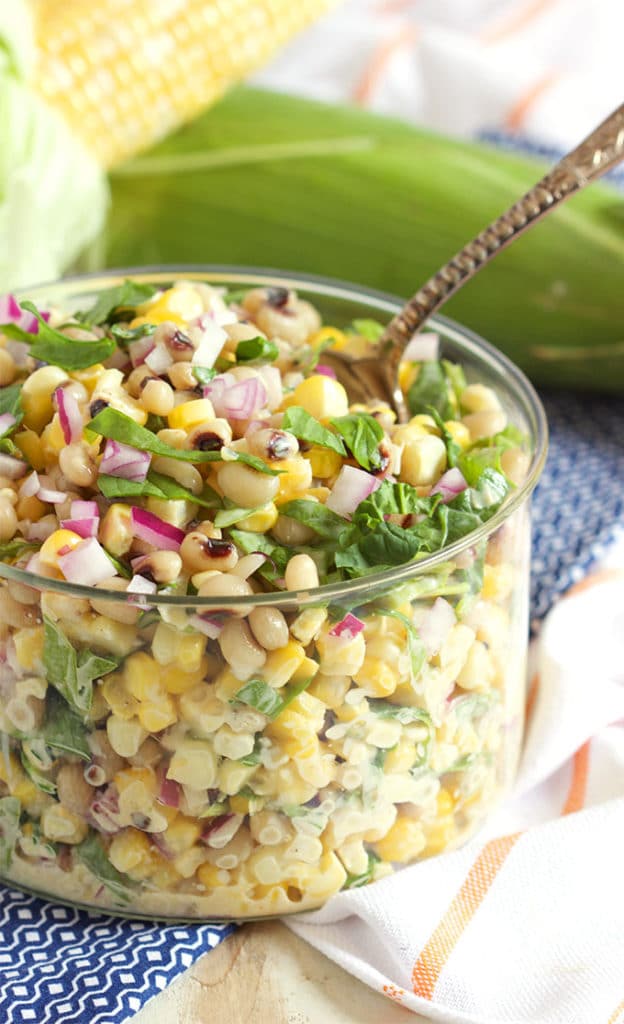 A fresh summer salad that's easy and healthy, Black-Eyed Pea and Corn Salad with Spinach recipe is perfect for picnics! @SuburbanSoapbox