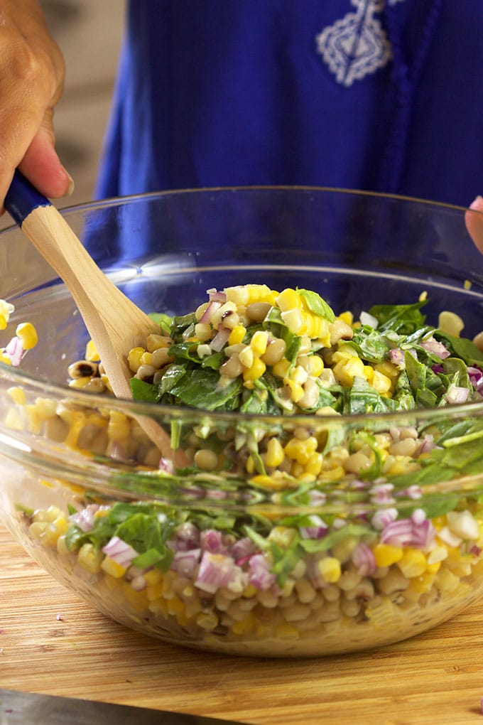 A fresh summer salad that's easy and healthy, Black-Eyed Pea and Corn Salad with Spinach recipe is perfect for picnics! @SuburbanSoapbox