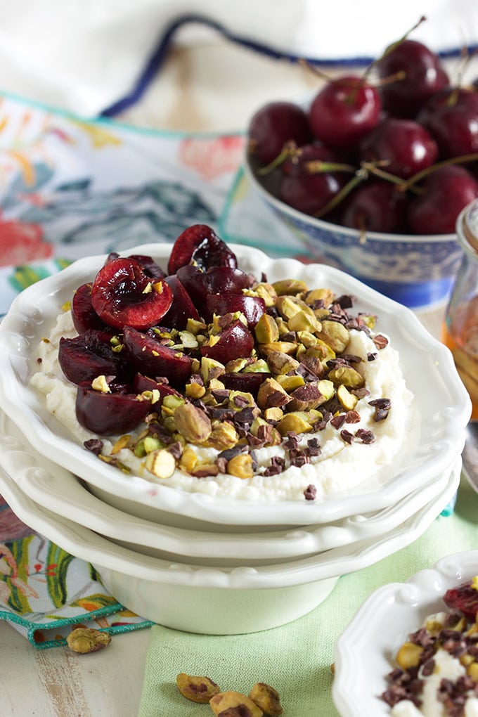This Cherry Pistachio Ricotta Bowl is an easy, no cook, summer breakfast that's healthy and simple!