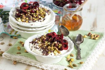 Cherry Pistachio Ricotta Bowl with Honey and Cacao Nibs