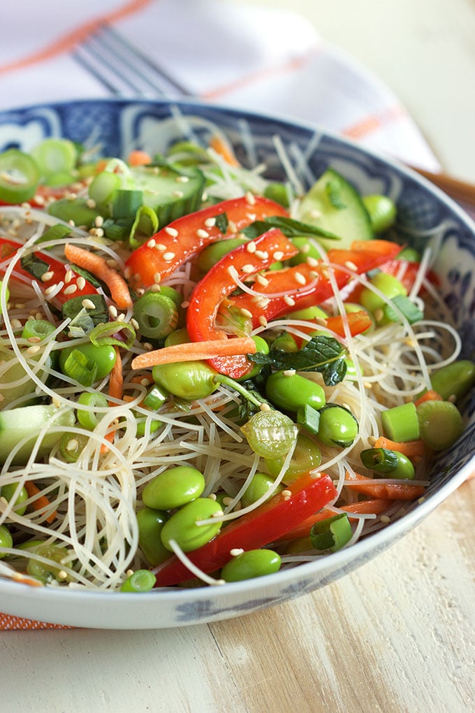 Ready in 15 minutes, this easy No Cook Asian Rice Noodle Salad is the perfect side dish from TheSuburbanSoapbox.com