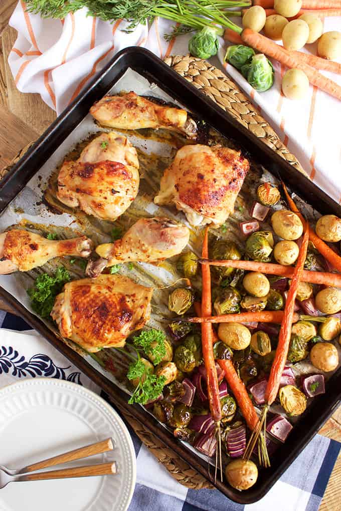Easy Sheet Pan Chicken with Brussel Sprouts recipe is the perfect weeknight dinner from TheSuburbanSoapbox.com.