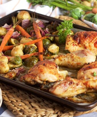 Sheet Pan Chicken with Brussel Sprouts Carrots and Potatoes