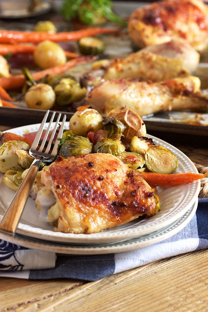 Easy Sheet Pan Chicken with Brussel Sprouts recipe is the perfect weeknight dinner from TheSuburbanSoapbox.com.