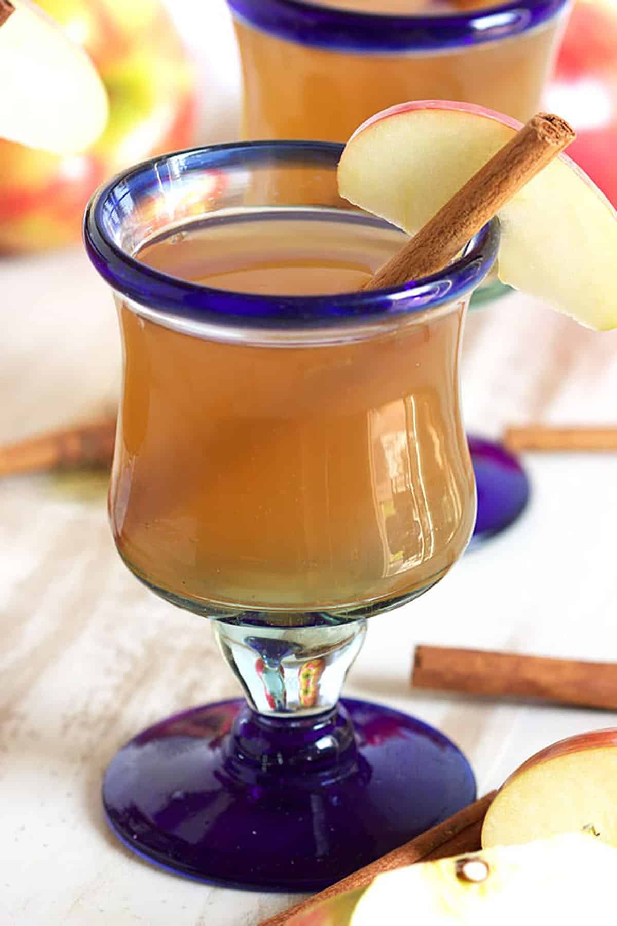 Apple Cider in a wine glass with apple slice and a cinnamon stick