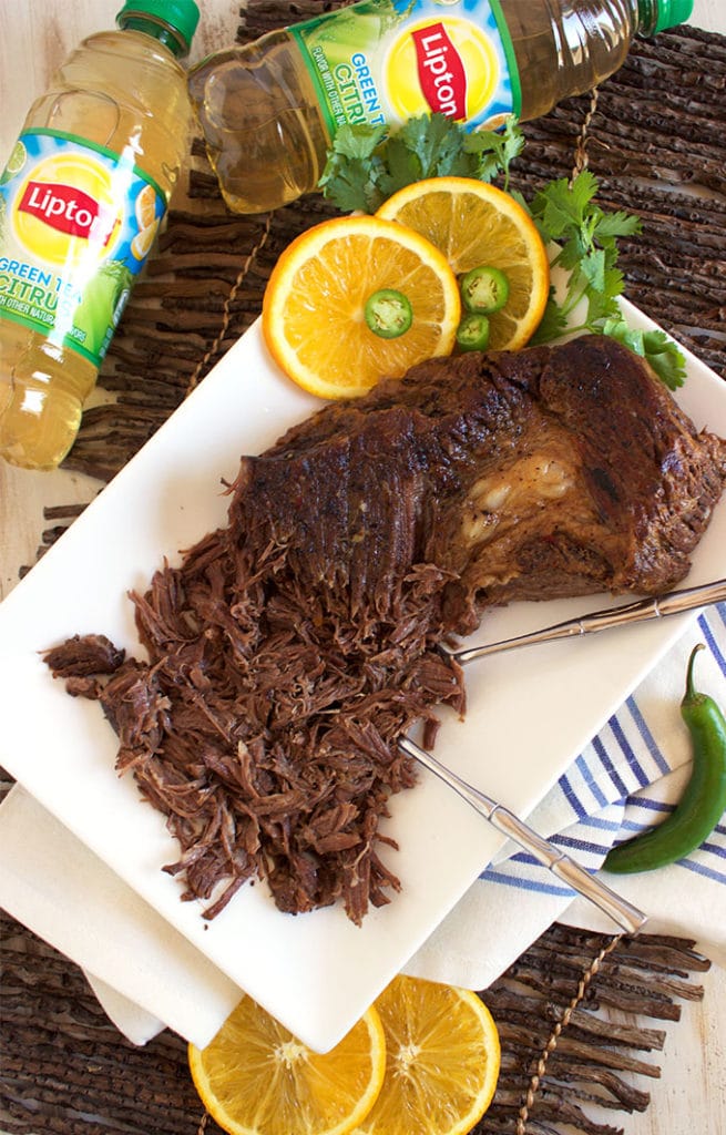 Super easy Slow Cooker Citrus Green Tea Shredded Beef recipe is perfect for simple family suppers. TheSuburbanSoapbox.com #BrightBites #ad