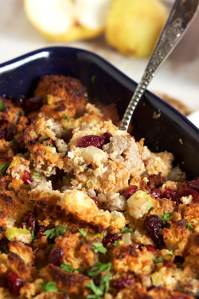 A great make ahead side, Sausage Cranberry Brioche Stuffing is easy and epically amazing! | TheSuburbanSoapbox.com