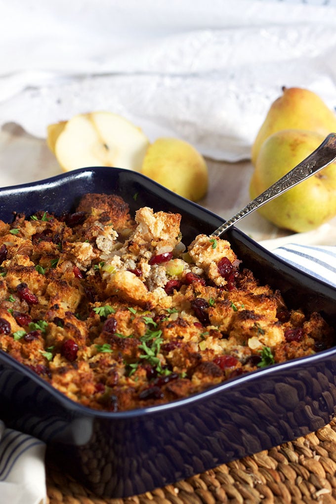 A great make ahead side, Sausage Cranberry Brioche Stuffing is easy and epically amazing! | TheSuburbanSoapbox.com