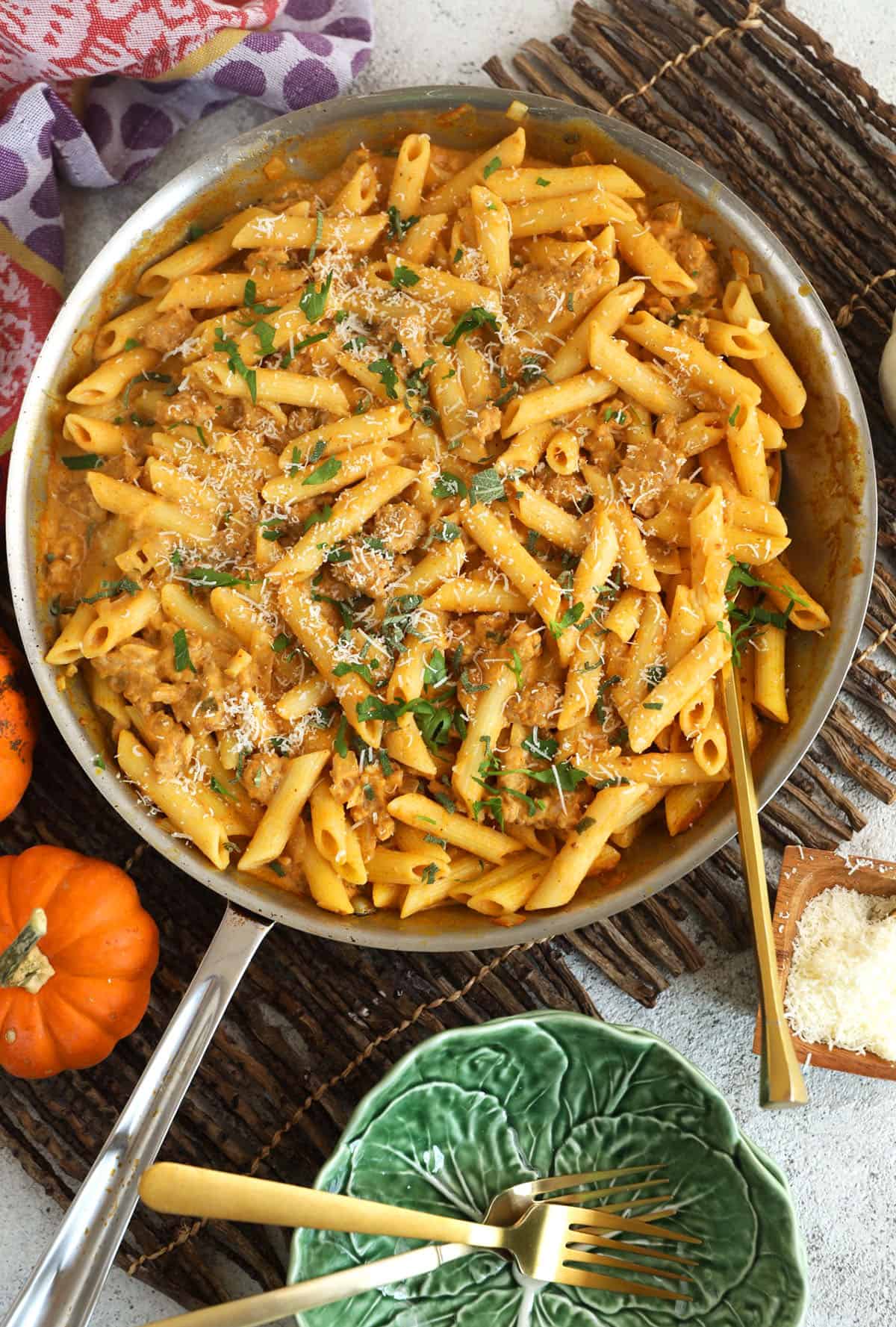 Overhead view of pumpkin pasta in skillet