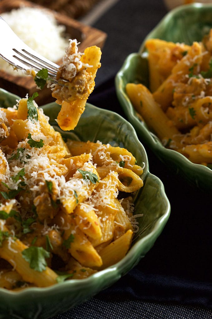 Rich, cream, quick and easy Pumpkin Pasta with Sausage and Sage is the perfect family dinner. TheSuburbanSoapbox.com 