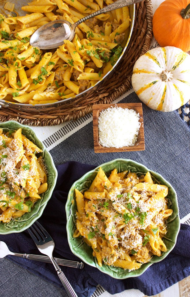 Rich, cream, quick and easy Pumpkin Pasta with Sausage and Sage is the perfect family dinner. TheSuburbanSoapbox.com 