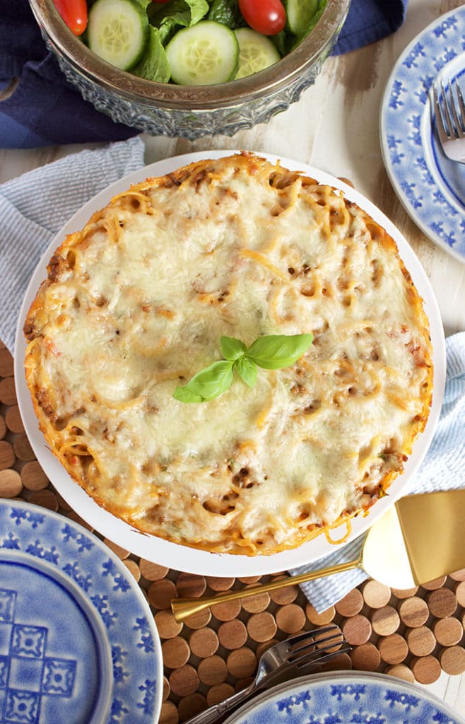A fantastic way to use up leftover pasta and sauce, this Easy Spaghetti Pie recipe is a family favorite dinner! | TheSuburbanSoapbox.com