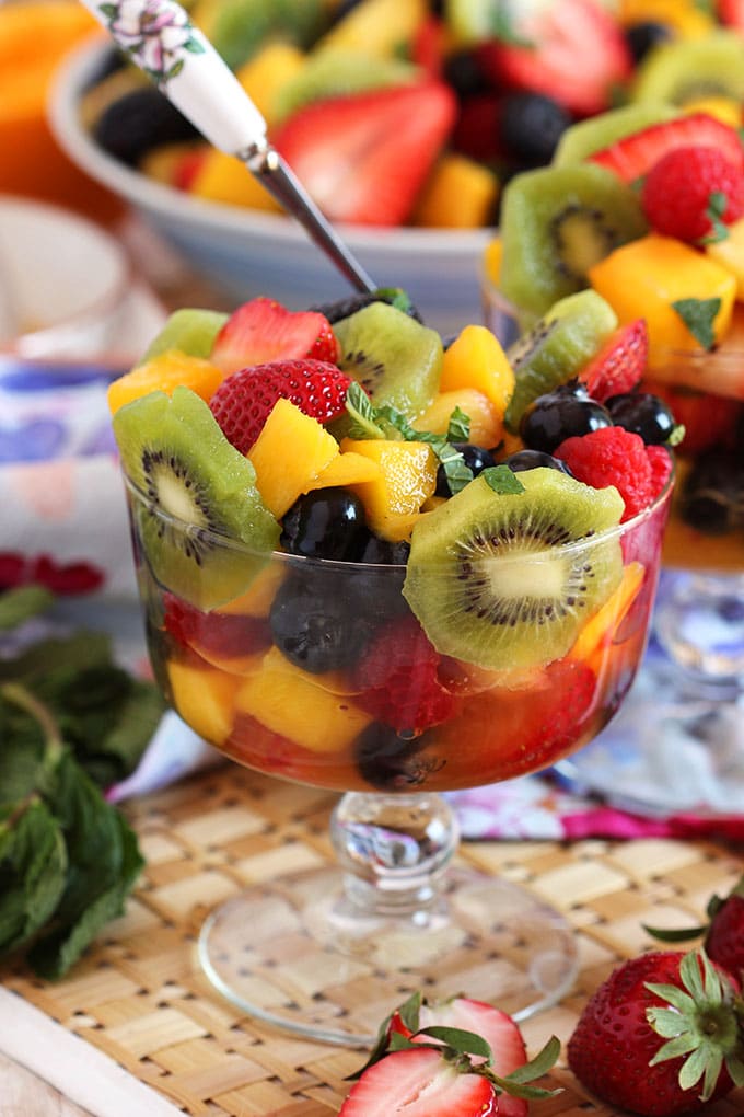 The most festive and refreshing dish ever, Sparkling Fruit Salad with Champagne Mimosa Dressing is fantastic for brunch, breakfast or just a summer day. | TheSuburbanSoapbox.com