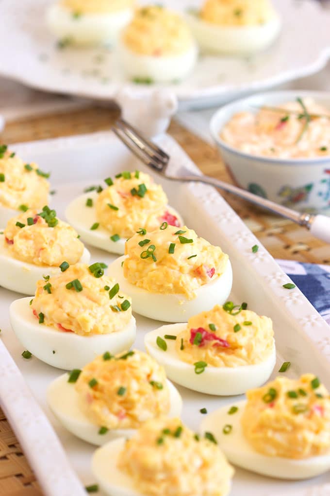 Easy to make Pimento Cheese Deviled Eggs recipe is the perfect addition to any spring or summer party menu. | TheSuburbanSoapbox.com