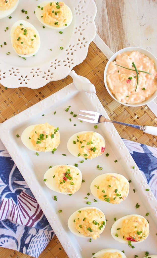 Easy to make Pimento Cheese Deviled Eggs recipe is the perfect addition to any spring or summer party menu. | TheSuburbanSoapbox.com