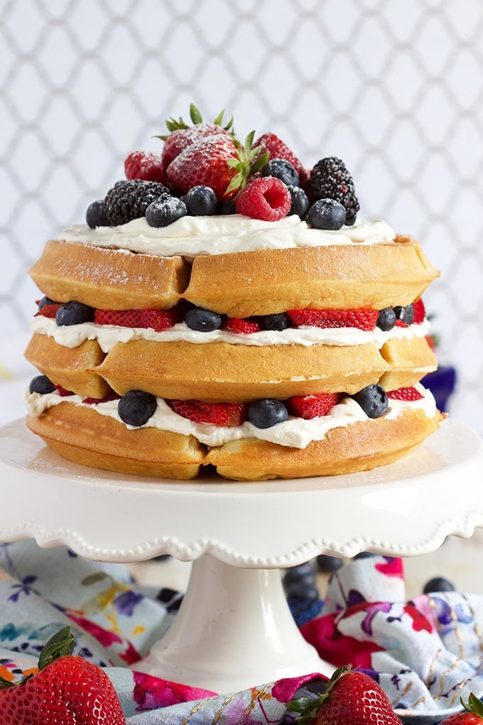 Incredibly easy to make, this Berry Vanilla Bean Belgian Waffle Cake using a simple waffle mix so your cake is ready in less than 30 minutes! | TheSuburbanSoapbox.com