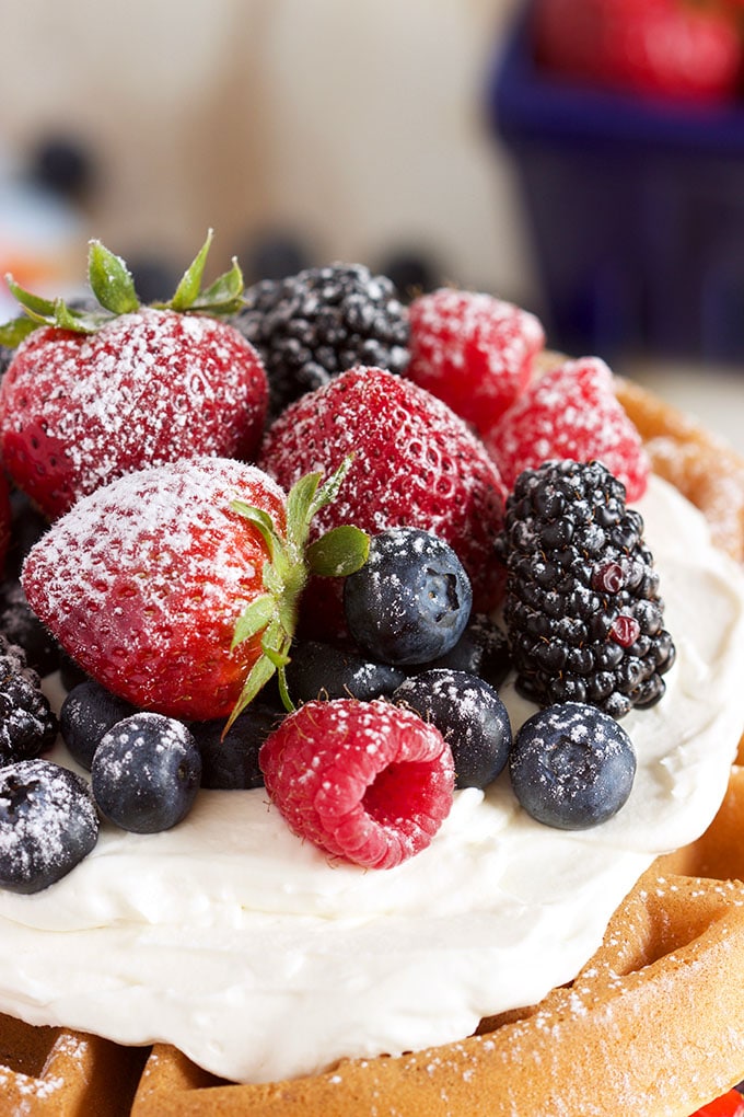 Incredibly easy to make, this Berry Vanilla Bean Belgian Waffle Cake using a simple waffle mix so your cake is ready in less than 30 minutes! | TheSuburbanSoapbox.com