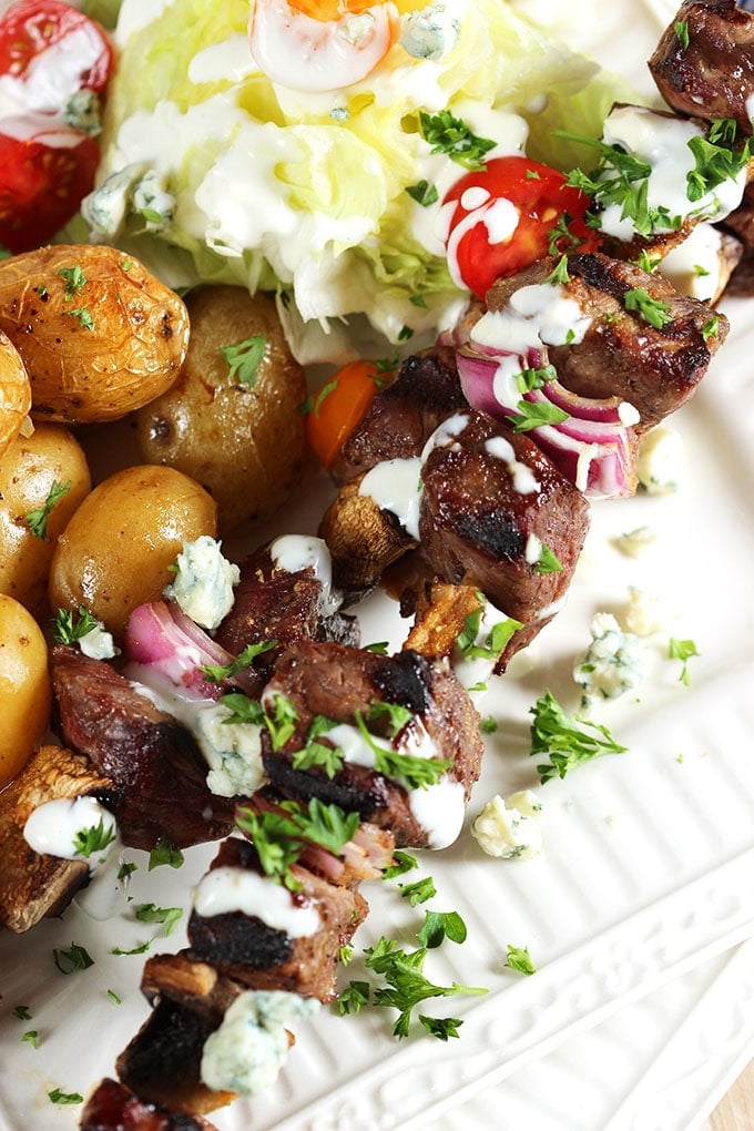 Quick and easy, Grilled Steak and Mushroom Kabobs with Blue Cheese Dressing is the perfect summer dinner for busy weeknights! | TheSuburbanSoapbox.com