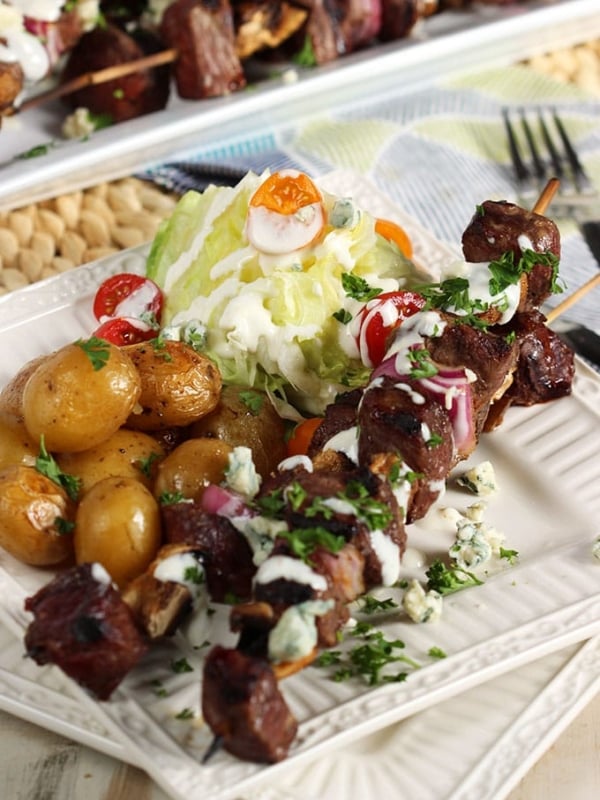 Quick and easy, Grilled Steak and Mushroom Kabobs with Blue Cheese Dressing is the perfect summer dinner for busy weeknights! | TheSuburbanSoapbox.com