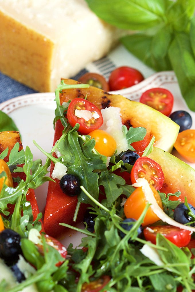 Grilled Watermelon Pizza with Blueberries, Parmesan and Arugula recipe | TheSuburbanSoapbox.com