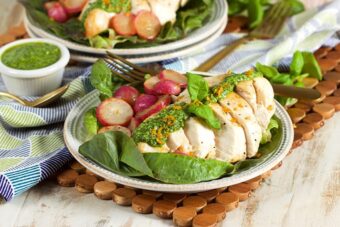 Olive Oil Poached Chicken and Radishes with Citrus Pesto