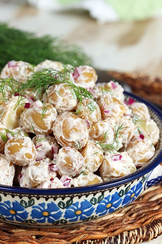 Quick and easy, Goat Cheese Dill Potato Salad will be the star of the show at any picnic or party. | TheSuburbanSoapbox.com