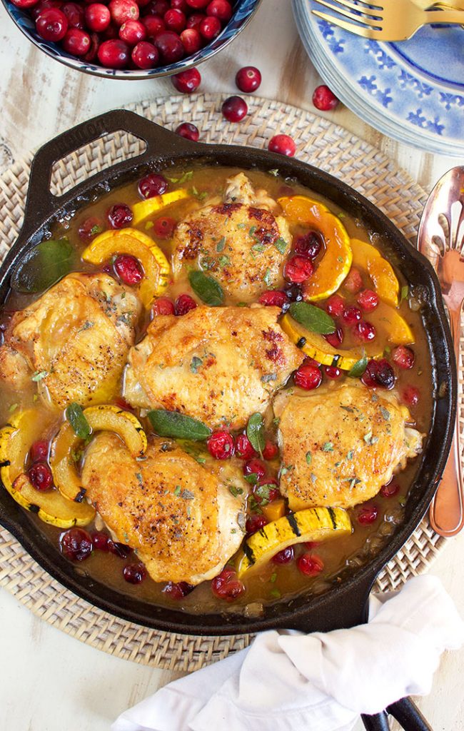 Maple Mustard Chicken Skillet with Cranberries and Delicata Squash | TheSuburbanSoapbox.com