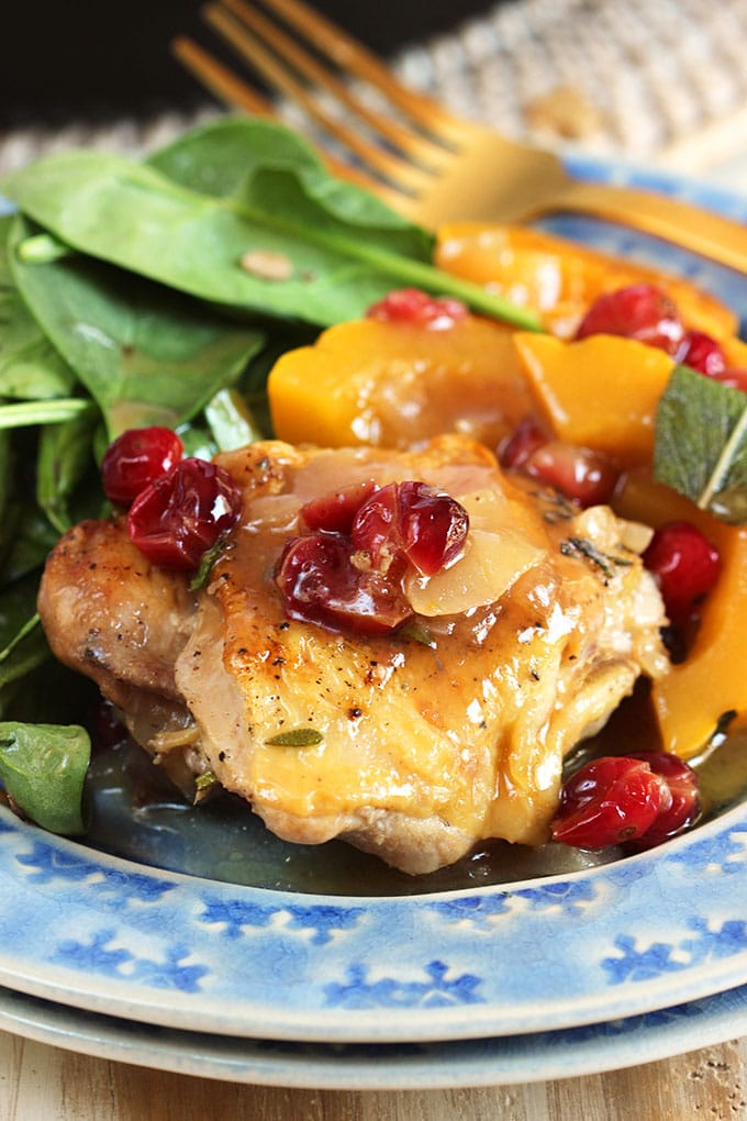 Maple Mustard Chicken Skillet with Cranberries and Delicata Squash | TheSuburbanSoapbox.com