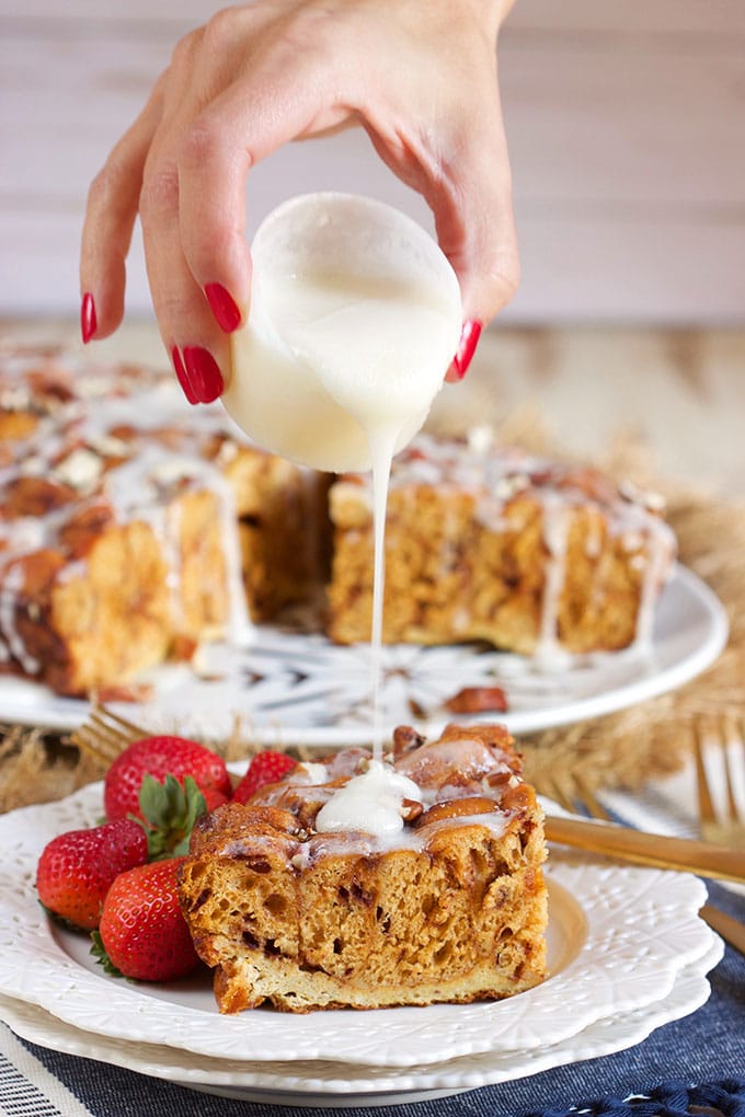 So incredibly easy to make, this Slow Cooker Cinnamon Roll French Toast Casserole is made with refrigerated cinnamon rolls. Great for Sunday Brunch or Christmas morning!!! | TheSuburbanSoapbox.com