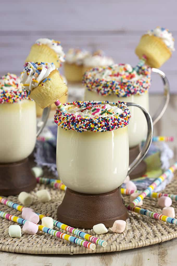 Celebrate a birthday or just a fun snow day with this easy Funfetti Birthday Cake White Hot Chocolate! Made with simple ingredients you'll have in your pantry already. | TheSuburbanSoapbox.com