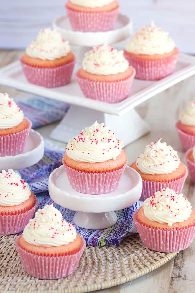 Made from scratch but oh so easy....Pink Champagne Cupcakes topped with a Cream Cheese Frosting is the dessert you need to celebrate every occasion! Perfect for parties, bridal showers, Mother's Day...etc. | @suburbansoapbox TheSuburbanSoapbox.com