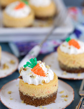 Mini Carrot Cheesecake on a white plate on a blue background from TheSuburbanSoapbox.com