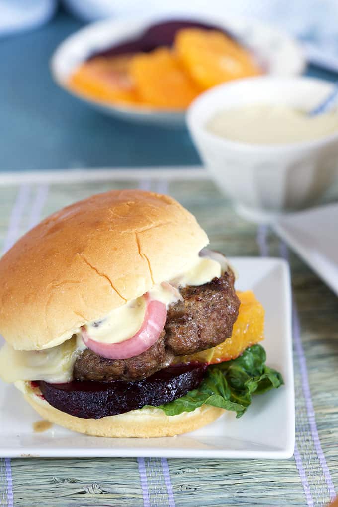 Spiced Lamb Burger with Roasted Beets, Orange and Taleggio The