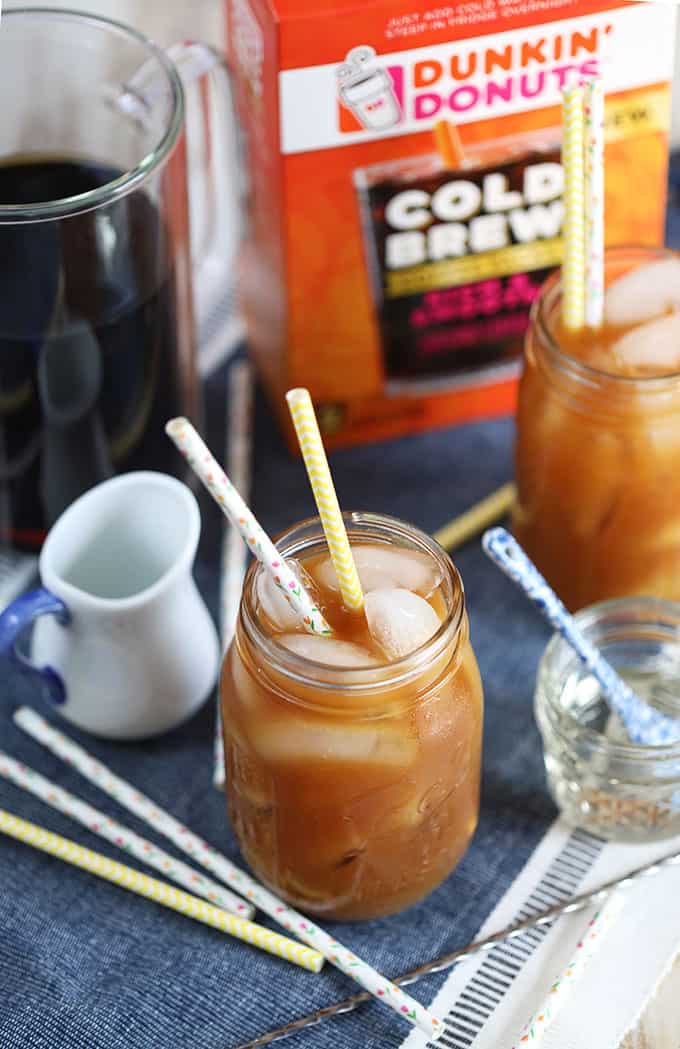 Cold Brew Coffee in a mason jar with Dunkin Donuts Cold Brew packets in background from TheSuburbanSoapbox.com