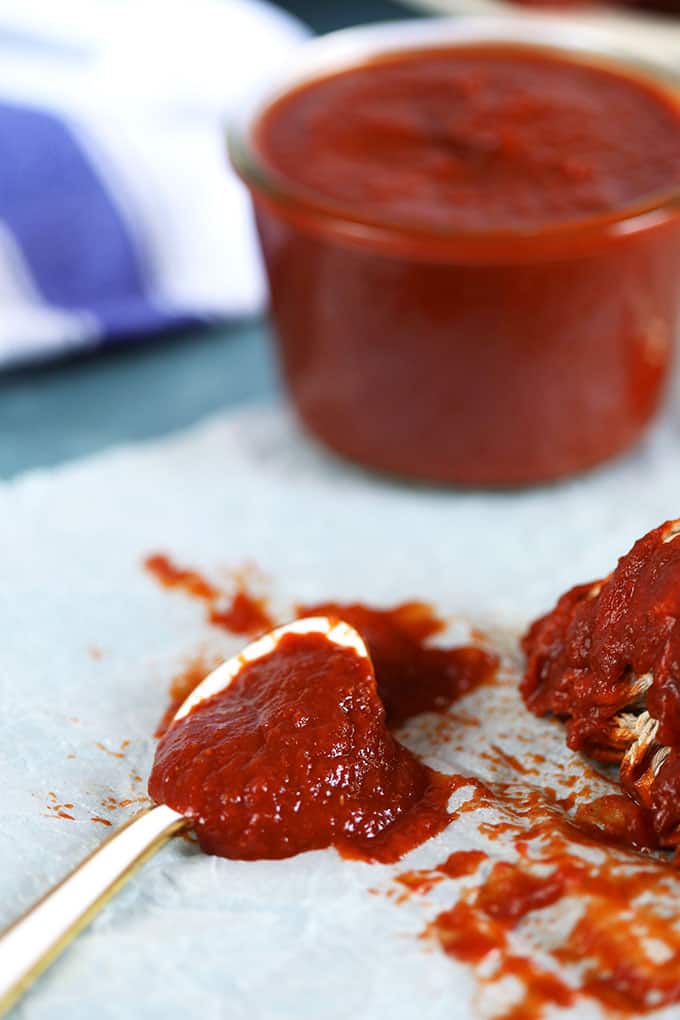 Honey Chipotle Barbecue Sauce on a white spoon from TheSuburbanSoapbox.com