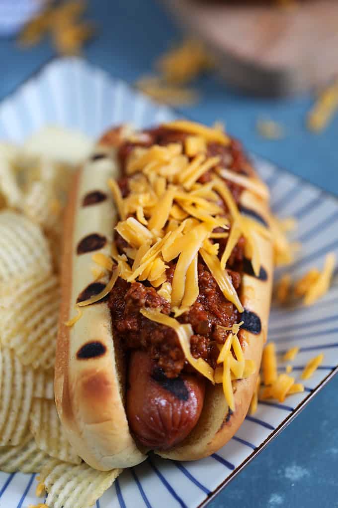 Chili Cheese Dog on a blue and white square plate from TheSuburbanSoapbox.com
