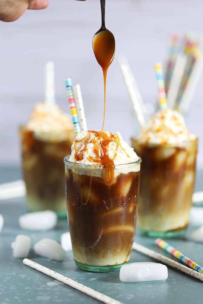 Caramel being drizzled over Salted Caramel Vanilla Iced Coffee