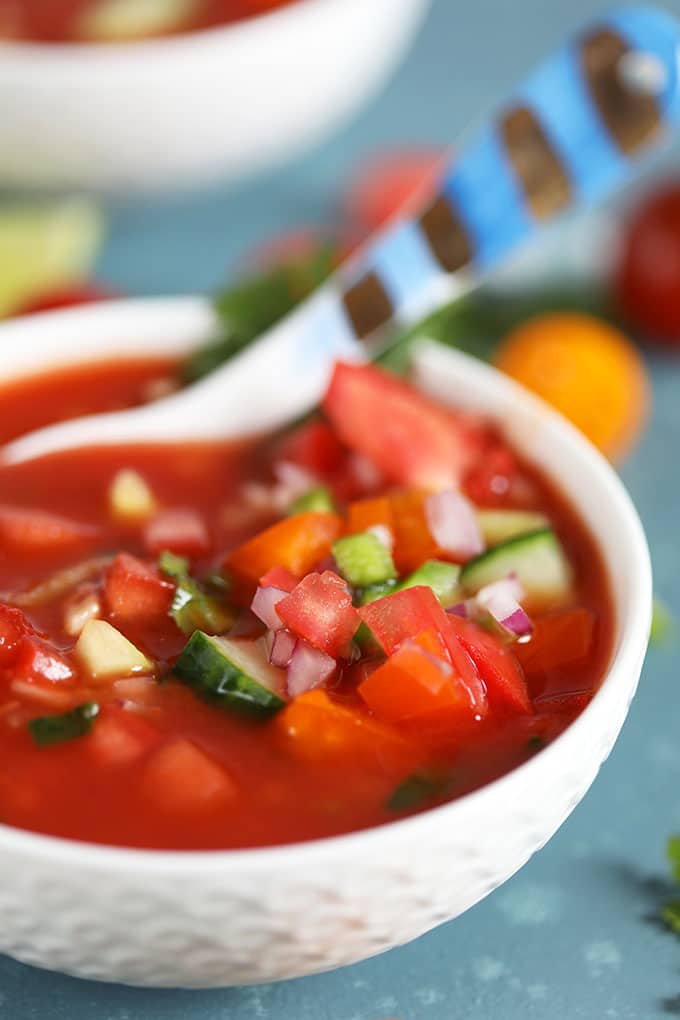Close up shot of Tomato Gazpacho in a white bowl.