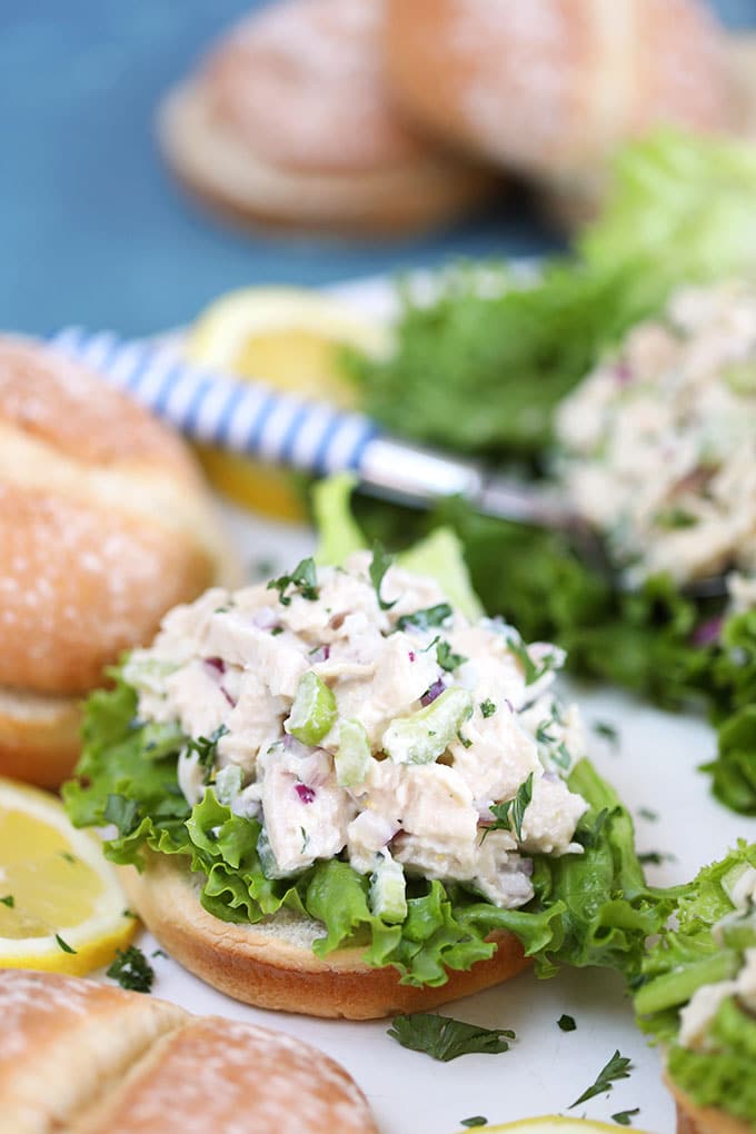 Lemon Tarragon Chicken Salad on a fluffy roll with lettuce from TheSuburbansoapbox.com