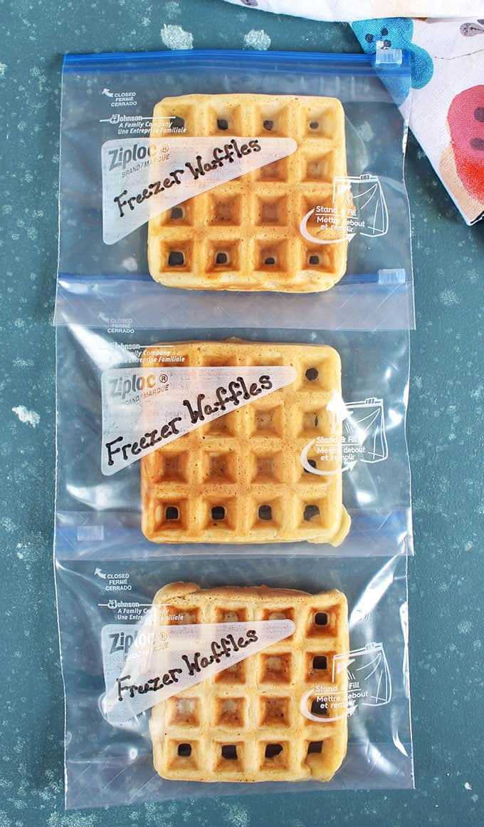 Waffles wrapped in zip top bags and labeled freezer waffles from thesuburbansoapbox.com