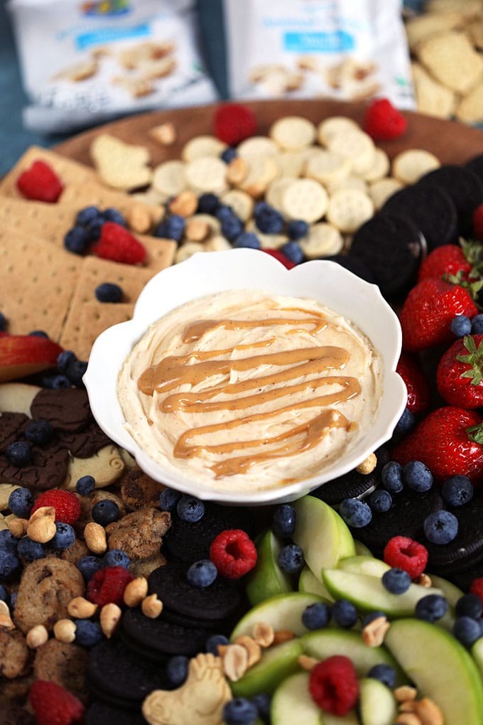 Close up shot of fluffernutter dip in a white bowl with fruit and cookies around it.